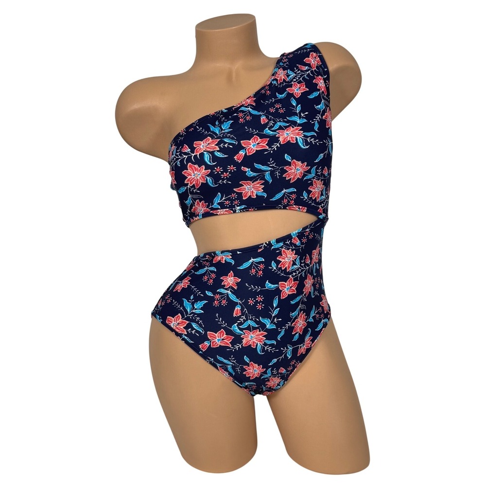 J.Crew Womens Navy Floral One Shoulder Cutout One Piece Swimsuit Size Small